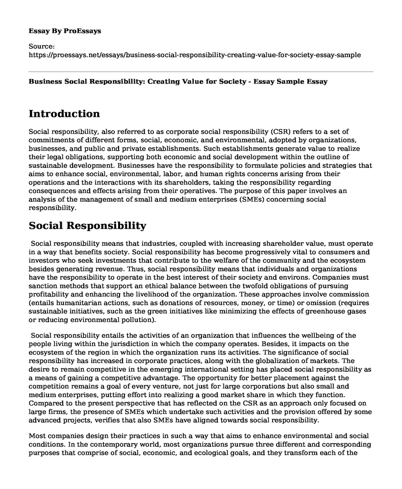 Business Social Responsibility: Creating Value for Society - Essay Sample