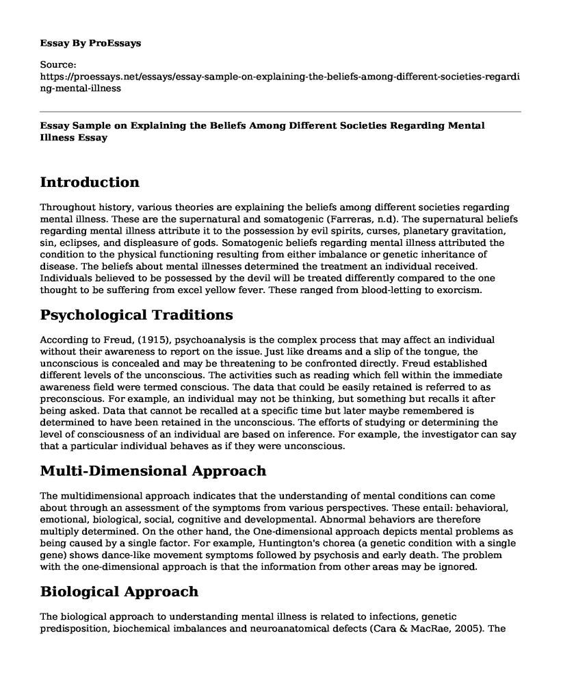 Essay Sample on Explaining the Beliefs Among Different Societies Regarding Mental Illness
