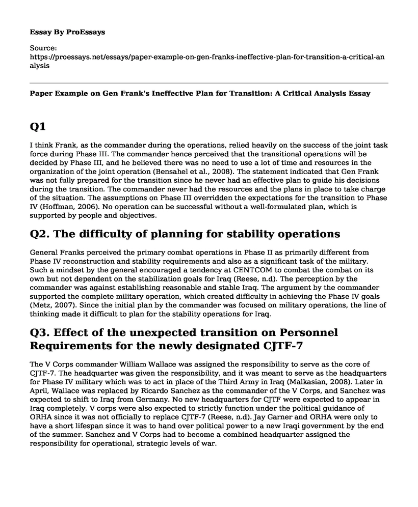 Paper Example on Gen Frank's Ineffective Plan for Transition: A Critical Analysis