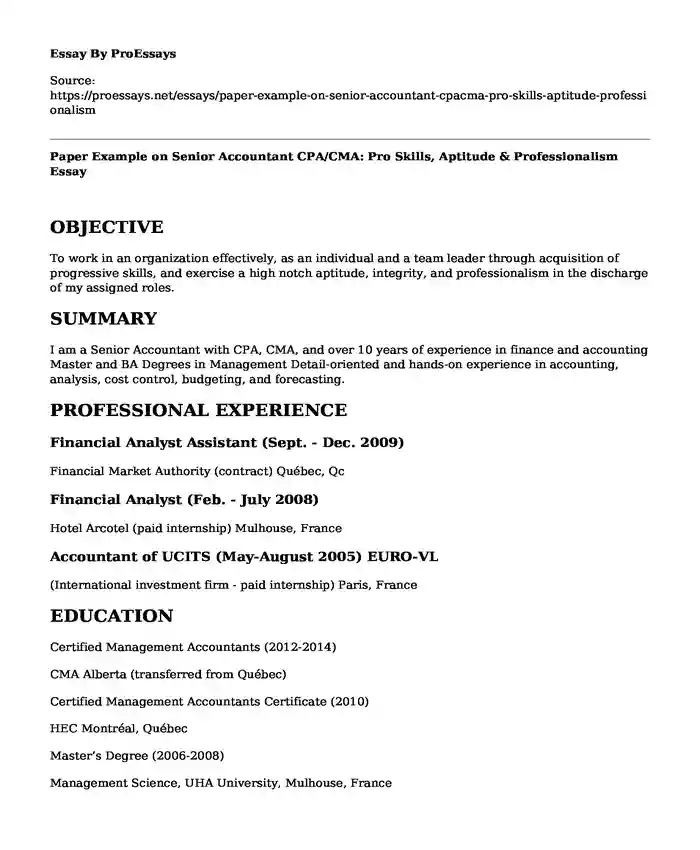 Paper Example on Senior Accountant CPA/CMA: Pro Skills, Aptitude & Professionalism