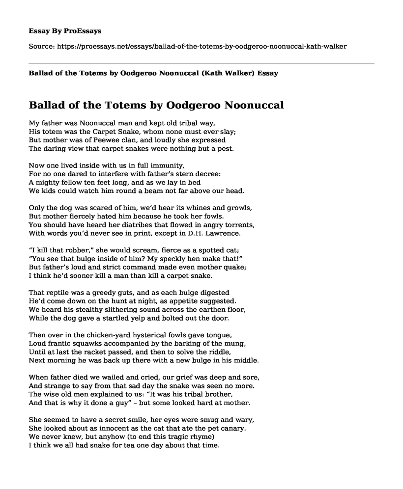 Ballad of the Totems by Oodgeroo Noonuccal (Kath Walker)