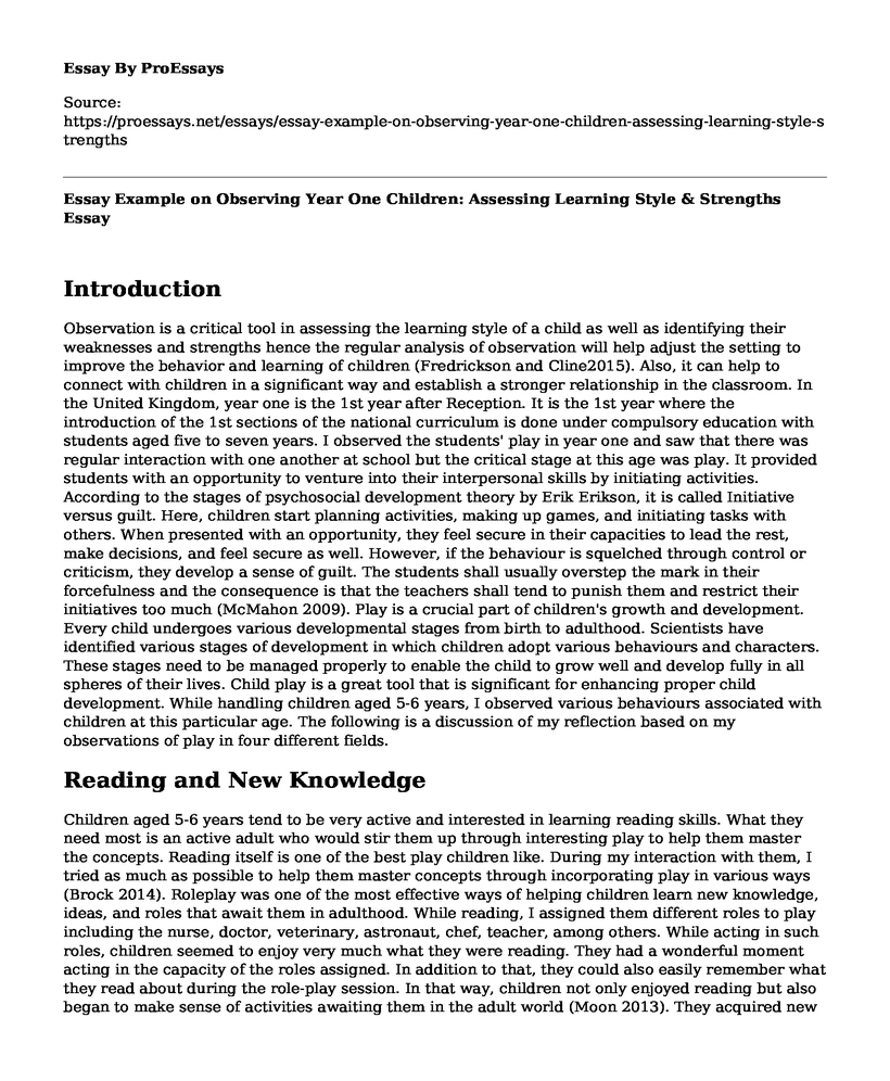Essay Example on Observing Year One Children: Assessing Learning Style & Strengths