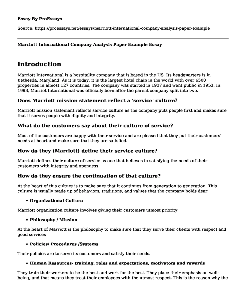 Marriott International Company Analysis Paper Example