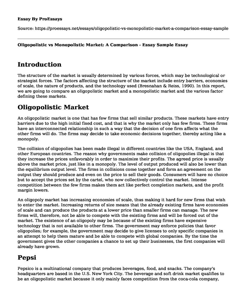 Oligopolistic vs Monopolistic Market: A Comparison - Essay Sample