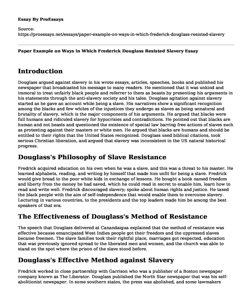 Paper Example on Ways in Which Frederick Douglass Resisted Slavery