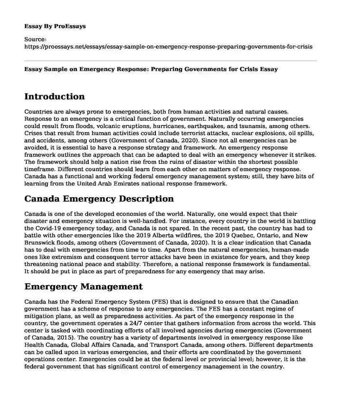 Essay Sample on Emergency Response: Preparing Governments for Crisis