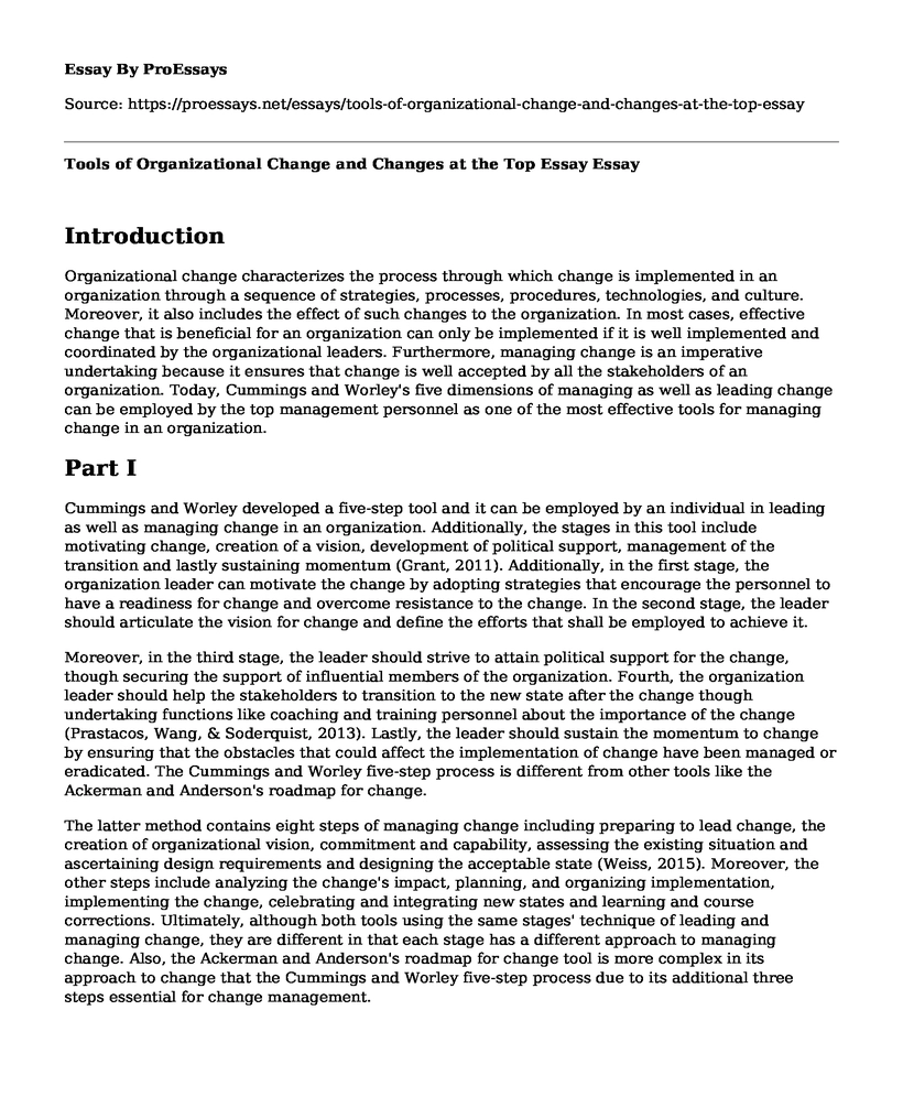 Tools of Organizational Change and Changes at the Top Essay