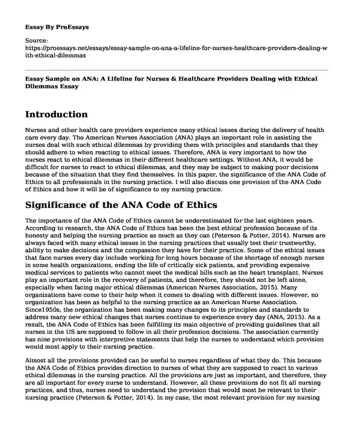 Essay Sample on ANA: A Lifeline for Nurses & Healthcare Providers Dealing with Ethical Dilemmas