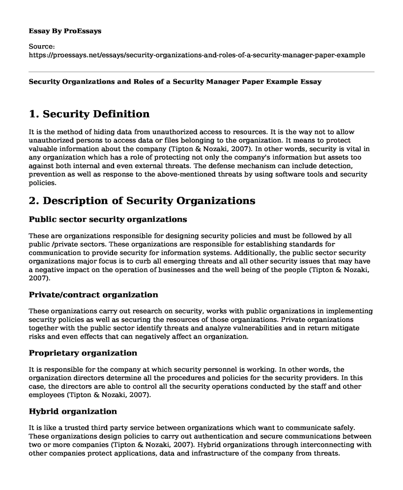 Security Organizations and Roles of a Security Manager Paper Example