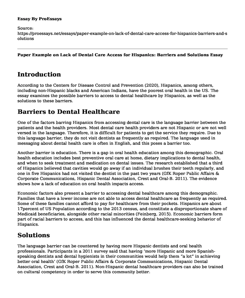 Paper Example on Lack of Dental Care Access for Hispanics: Barriers and Solutions