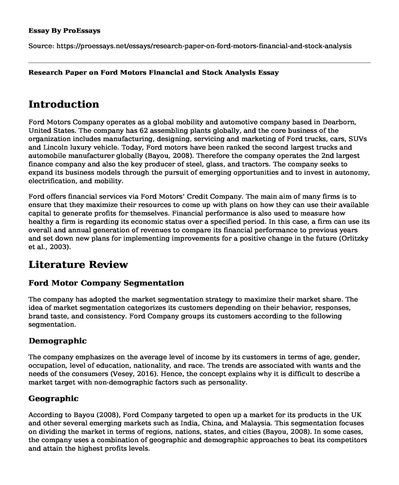 Research Paper on Ford Motors Financial and Stock Analysis