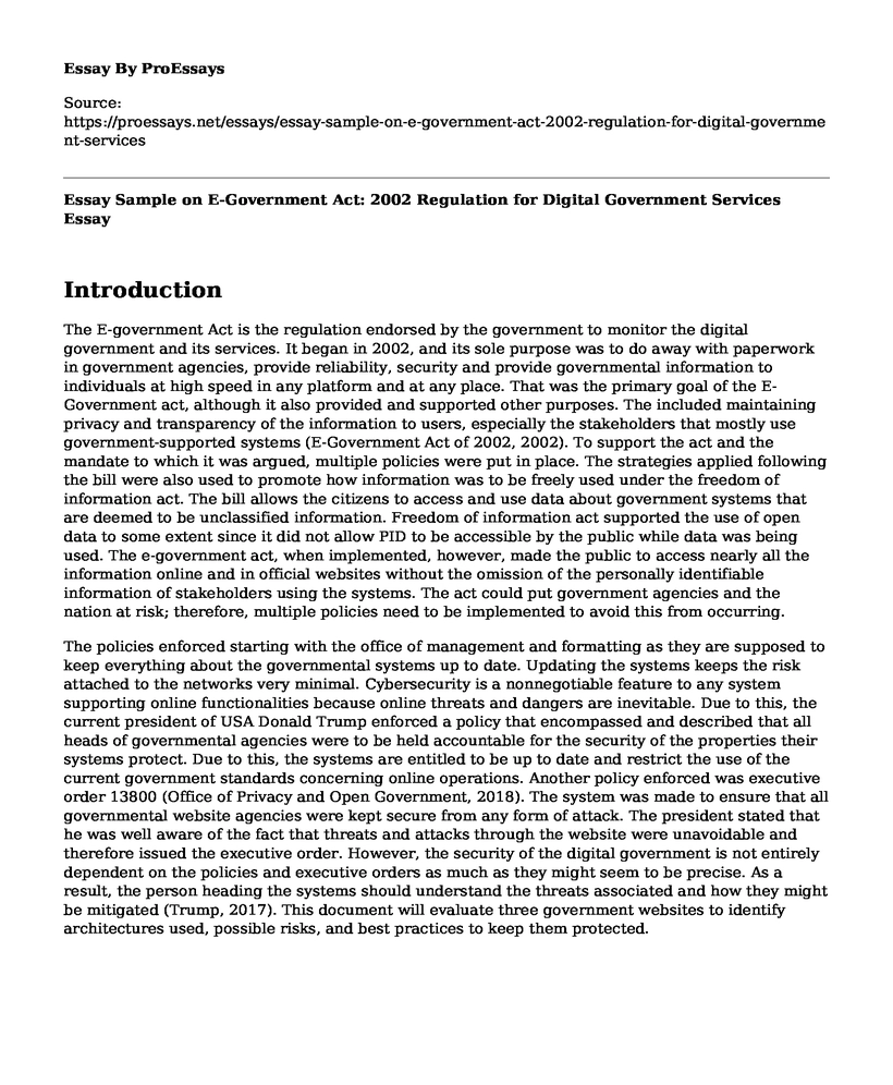 Essay Sample on E-Government Act: 2002 Regulation for Digital Government Services
