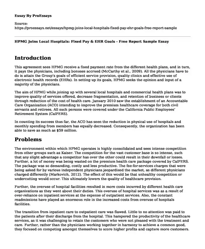 HPMG Joins Local Hospitals: Fixed Pay & EHR Goals - Free Report Sample
