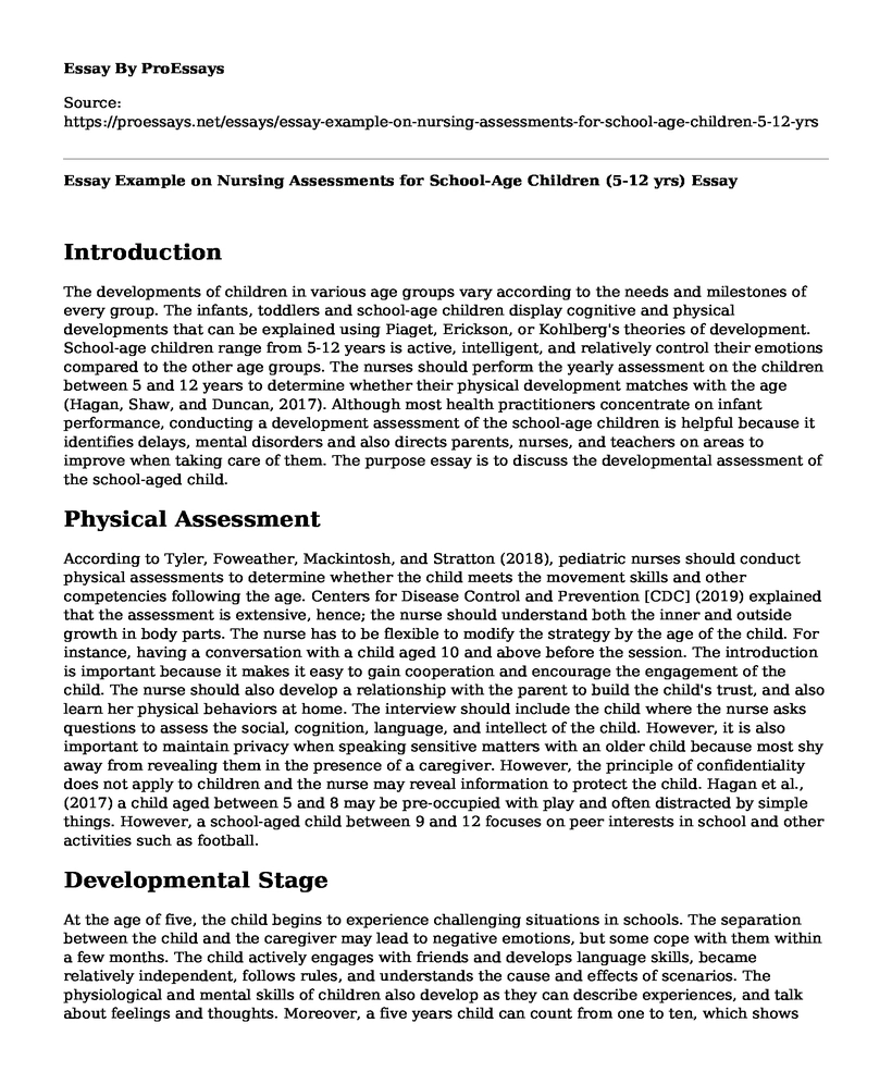 Essay Example on Nursing Assessments for School-Age Children (5-12 yrs)