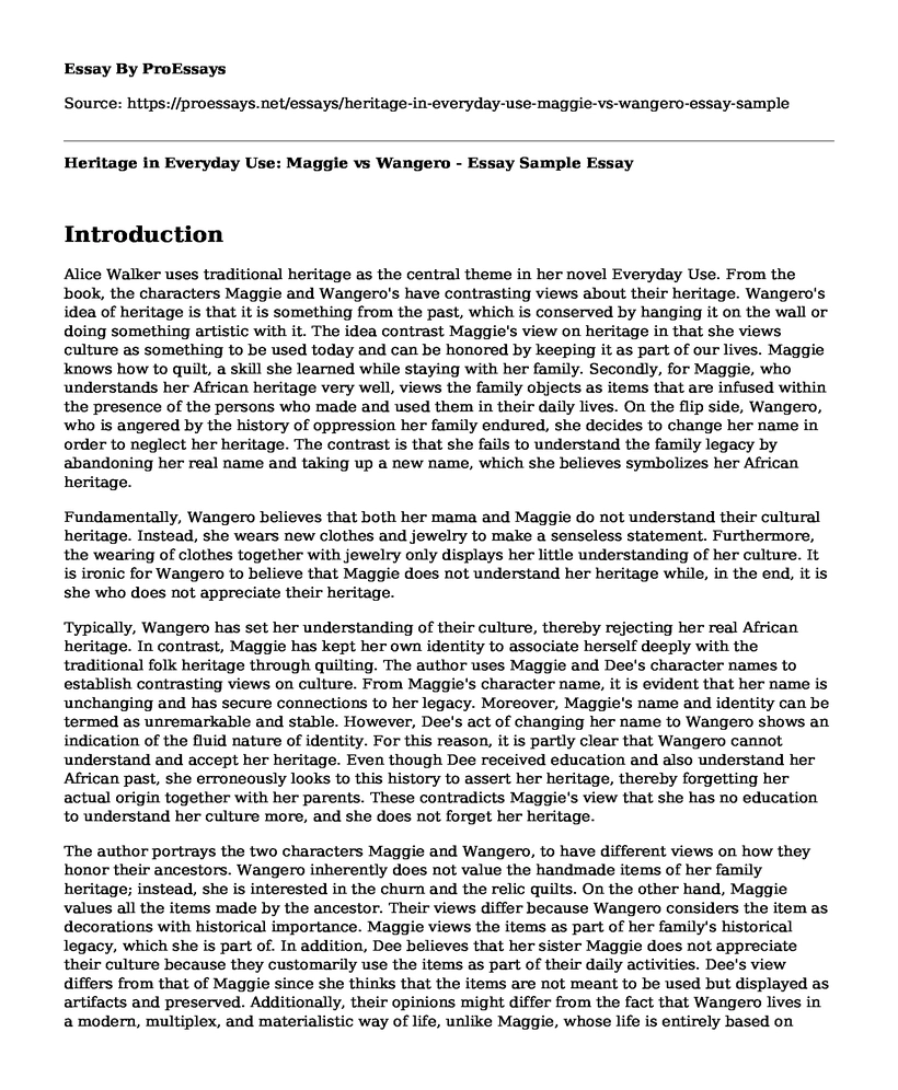 Heritage in Everyday Use: Maggie vs Wangero - Essay Sample