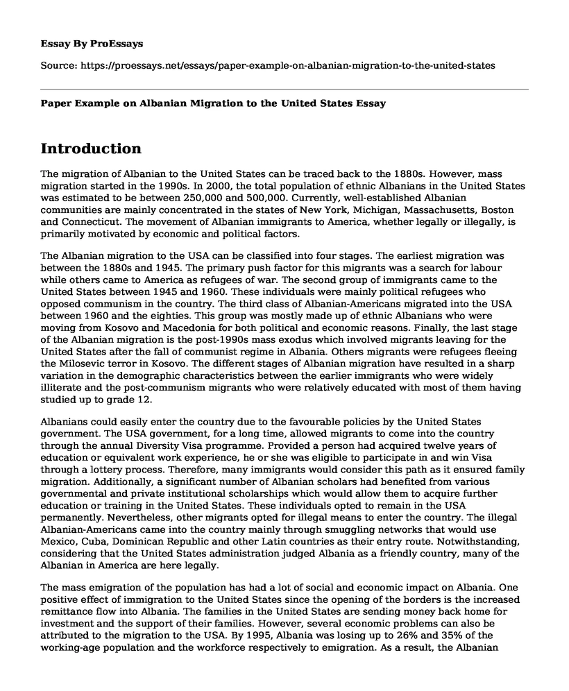 Paper Example on Albanian Migration to the United States