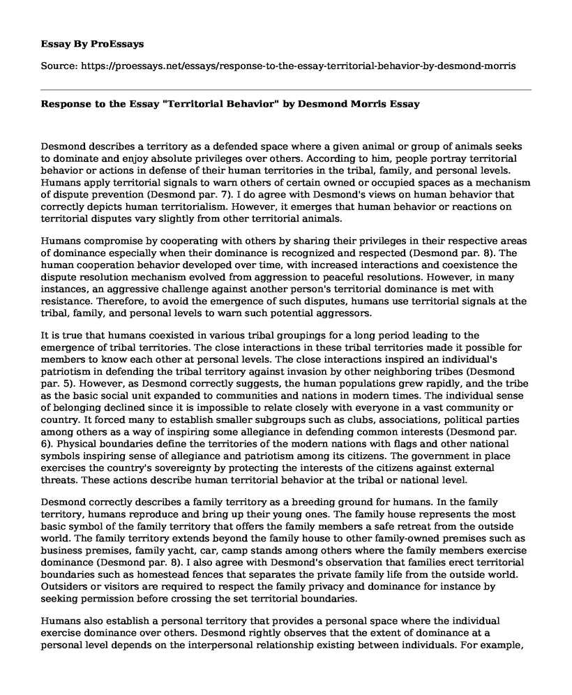 Response to the Essay "Territorial Behavior" by Desmond Morris