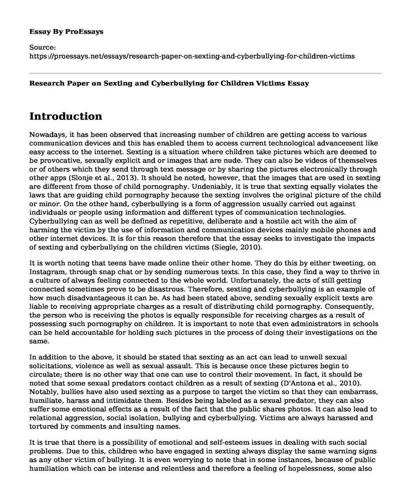 Research Paper on Sexting and Cyberbullying for Children Victims