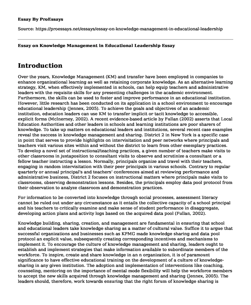 Essay on Knowledge Management in Educational Leadership