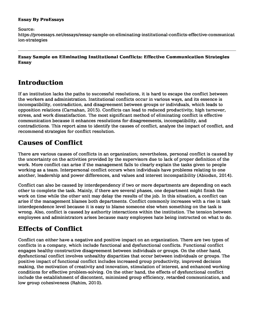 Essay Sample on Eliminating Institutional Conflicts: Effective Communication Strategies