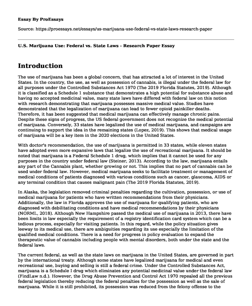 U.S. Marijuana Use: Federal vs. State Laws - Research Paper