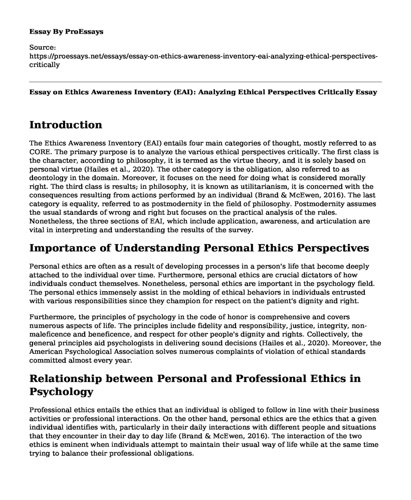 Essay on Ethics Awareness Inventory (EAI): Analyzing Ethical Perspectives Critically