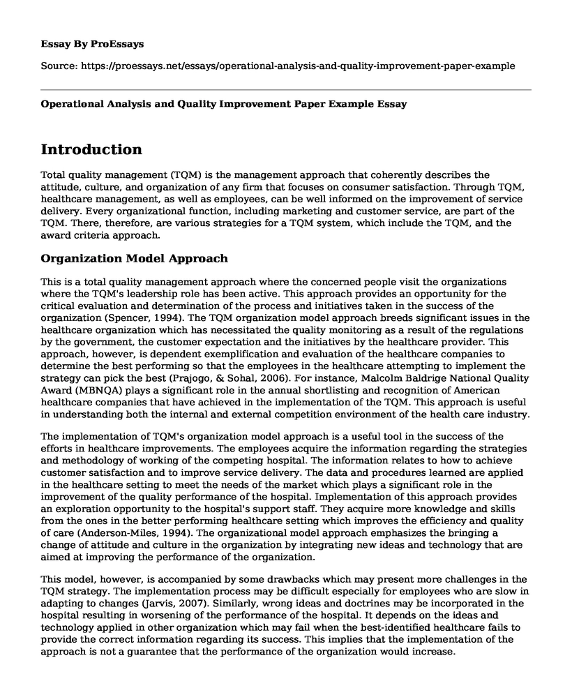 Operational Analysis and Quality Improvement Paper Example 