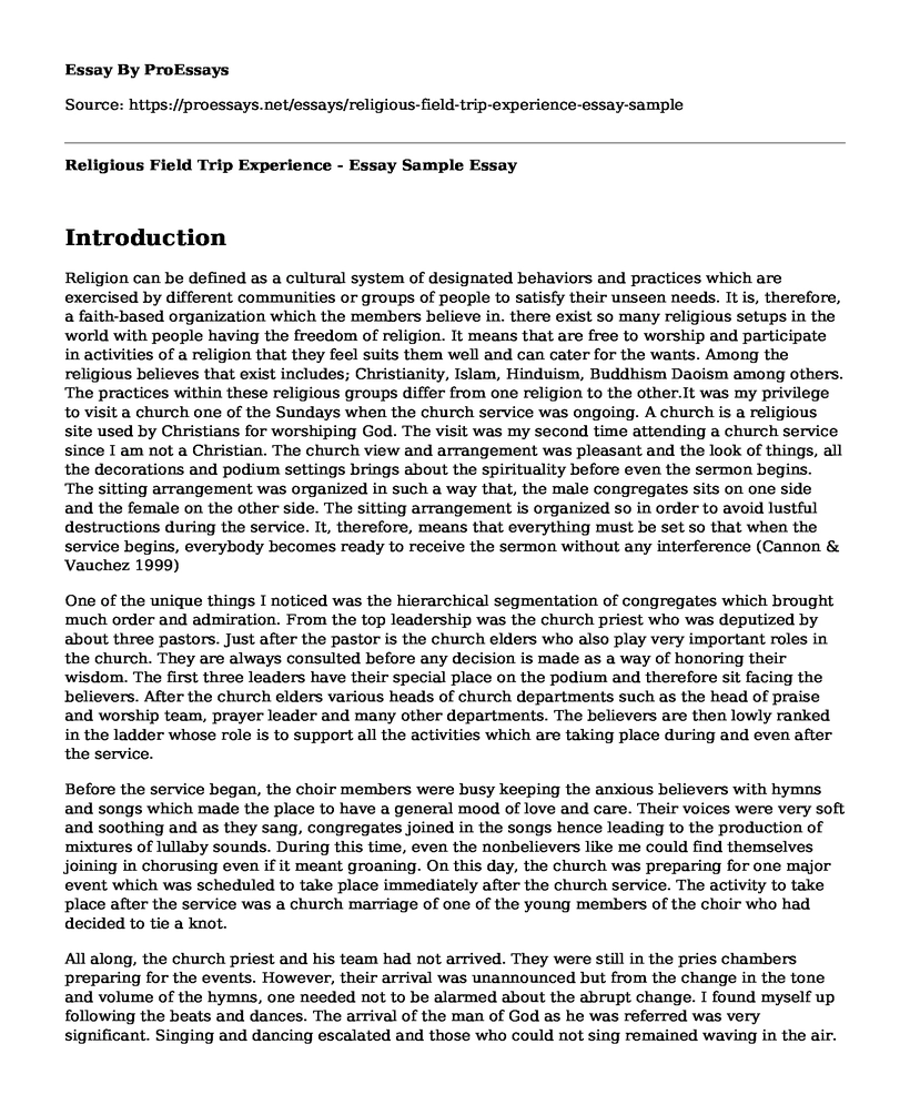 Religious Field Trip Experience - Essay Sample