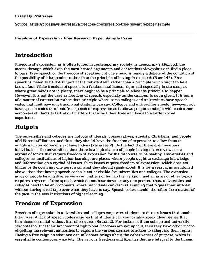 Freedom of Expression - Free Research Paper Sample
