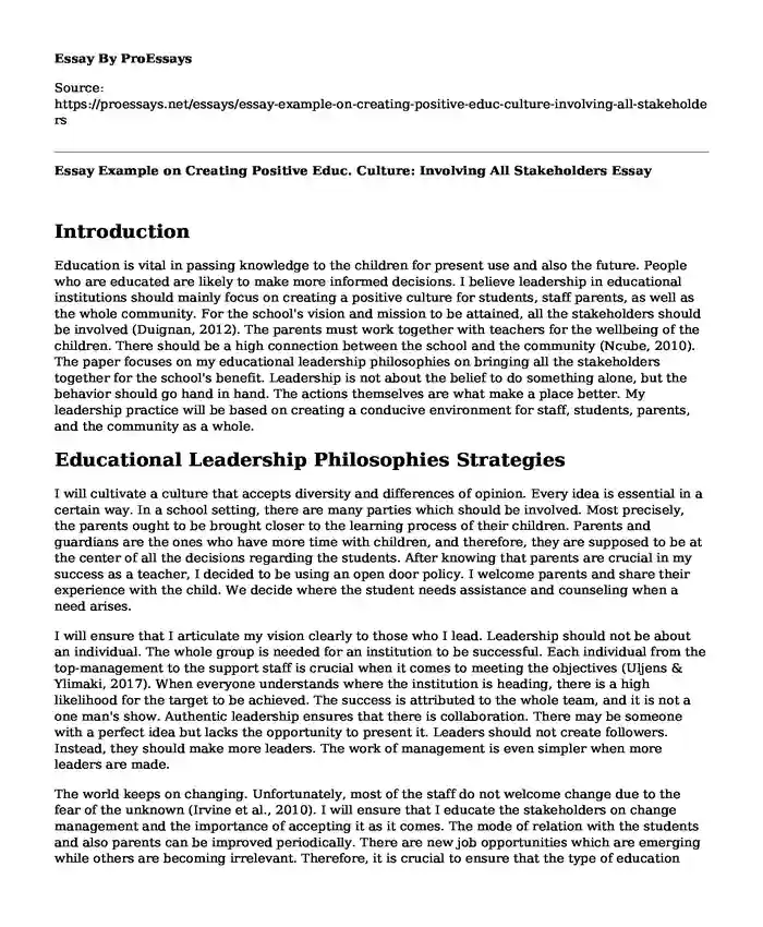 Essay Example on Creating Positive Educ. Culture: Involving All Stakeholders