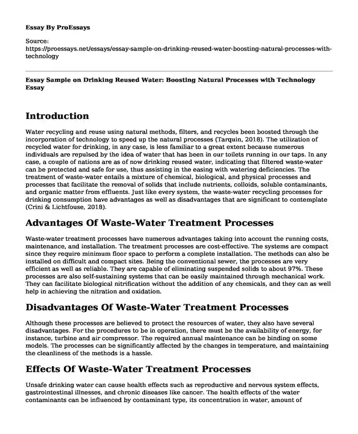 Essay Sample on Drinking Reused Water: Boosting Natural Processes with Technology