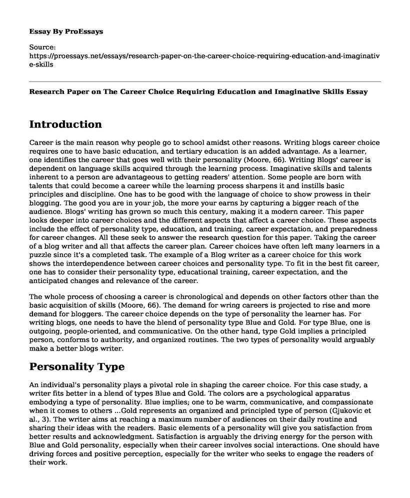 Research Paper on The Career Choice Requiring Education and Imaginative Skills