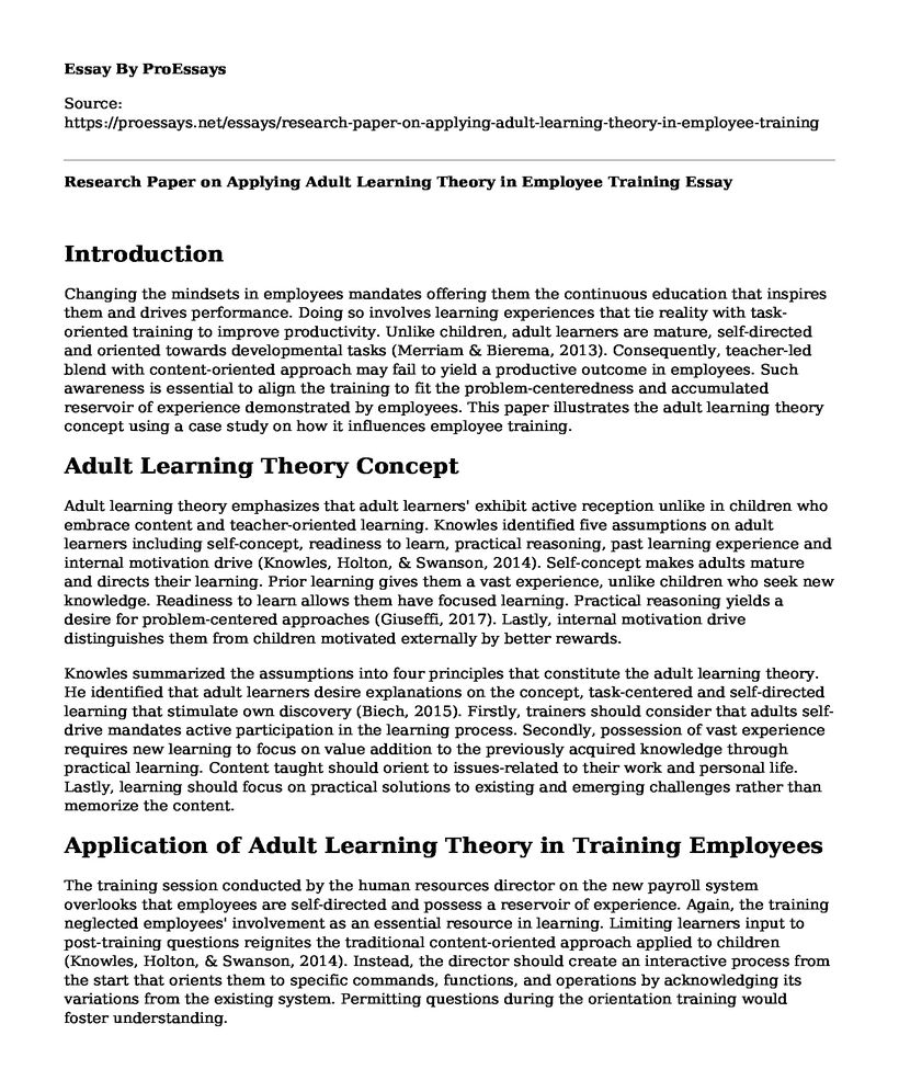 Research Paper on Applying Adult Learning Theory in Employee Training