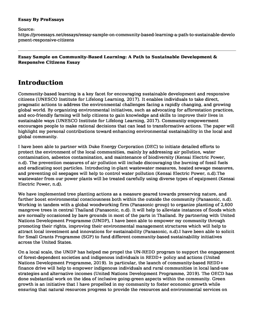 Essay Sample on Community-Based Learning: A Path to Sustainable Development & Responsive Citizens