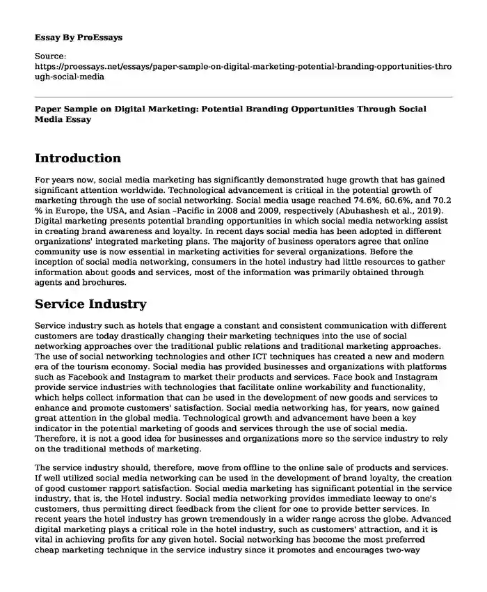 Paper Sample on Digital Marketing: Potential Branding Opportunities Through Social Media