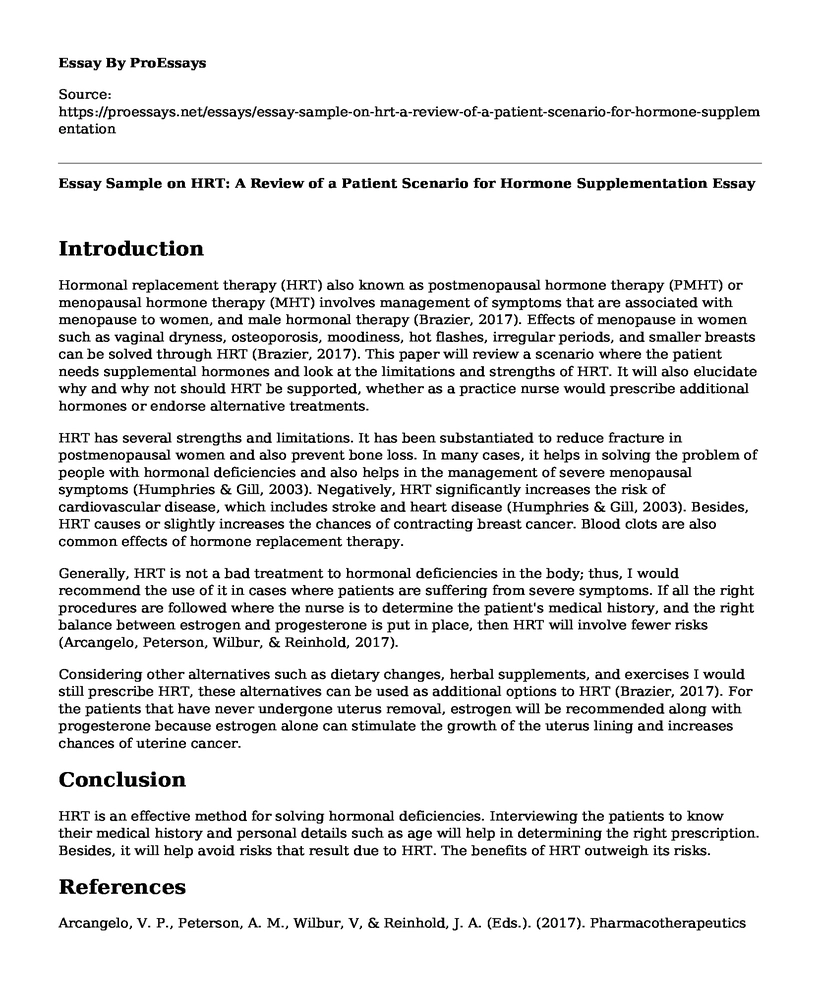 Essay Sample on HRT: A Review of a Patient Scenario for Hormone Supplementation