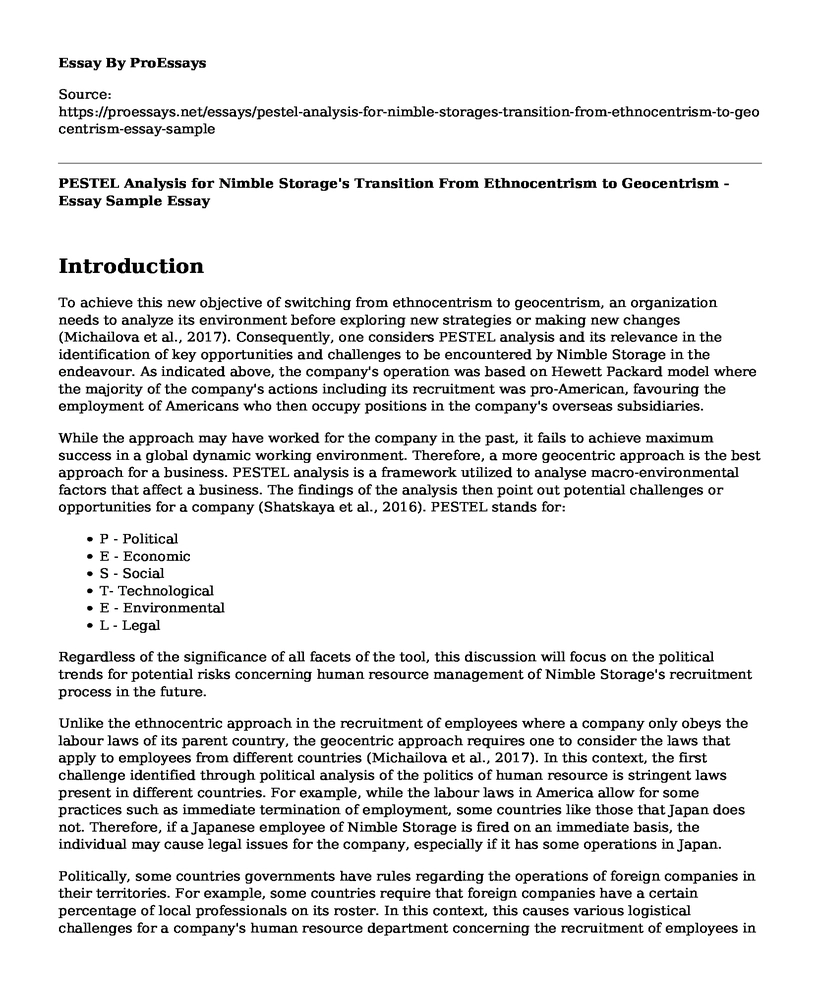 PESTEL Analysis for Nimble Storage's Transition From Ethnocentrism to Geocentrism - Essay Sample