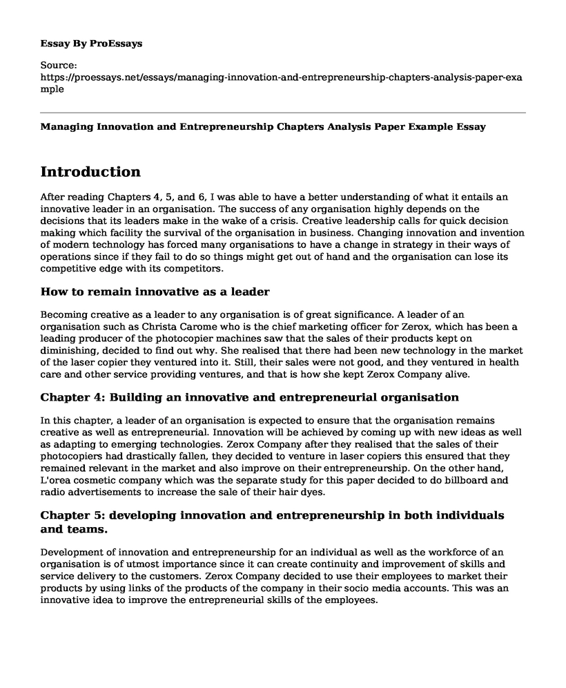 Managing Innovation and Entrepreneurship Chapters Analysis Paper Example