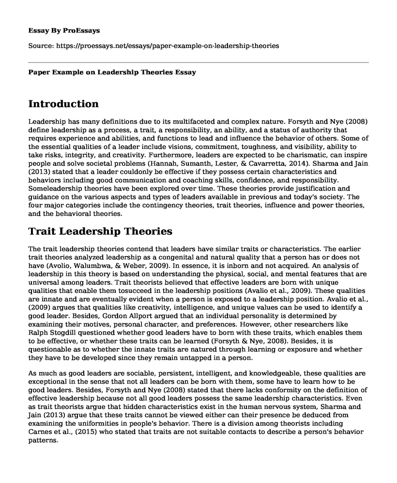 Paper Example on Leadership Theories
