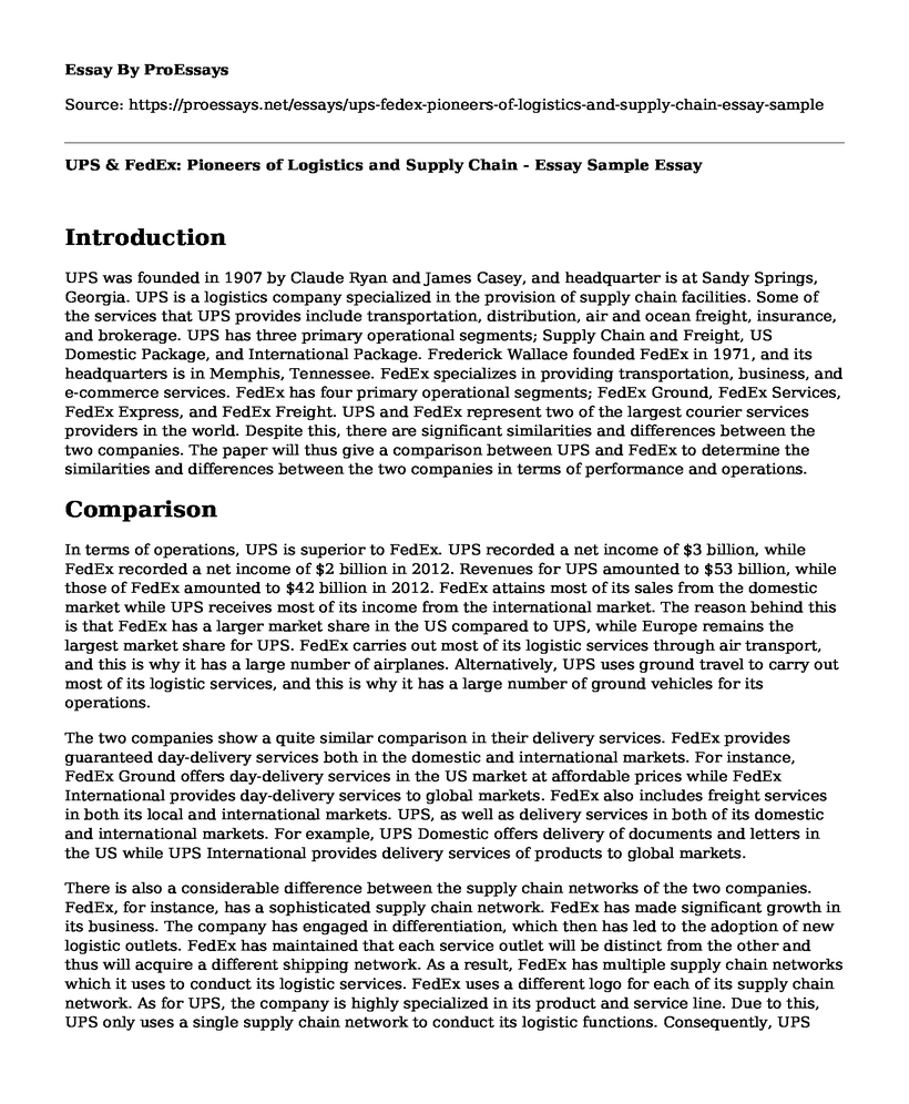 UPS & FedEx: Pioneers of Logistics and Supply Chain - Essay Sample