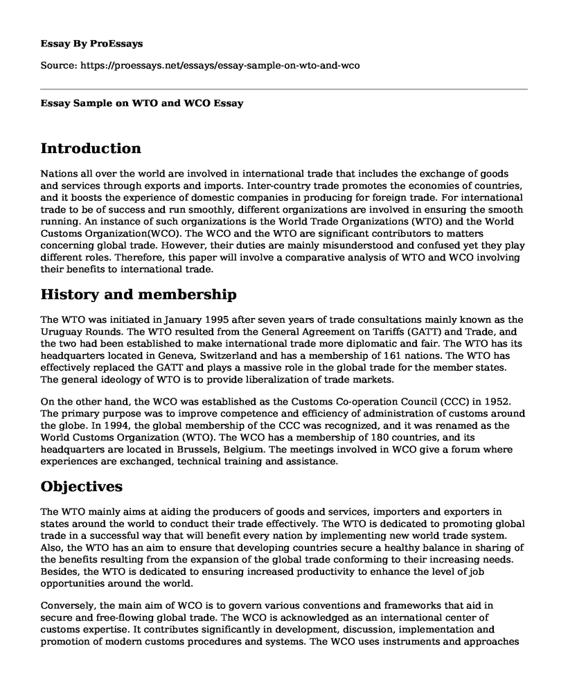 Essay Sample on WTO and WCO