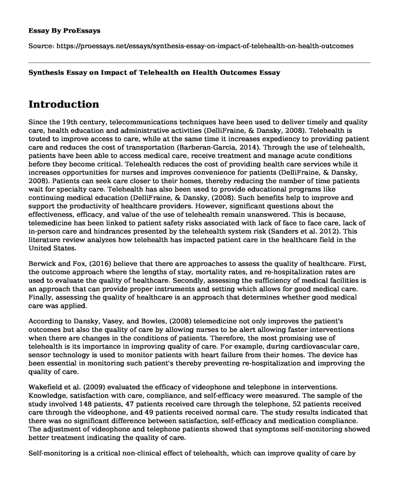 Synthesis Essay on Impact of Telehealth on Health Outcomes