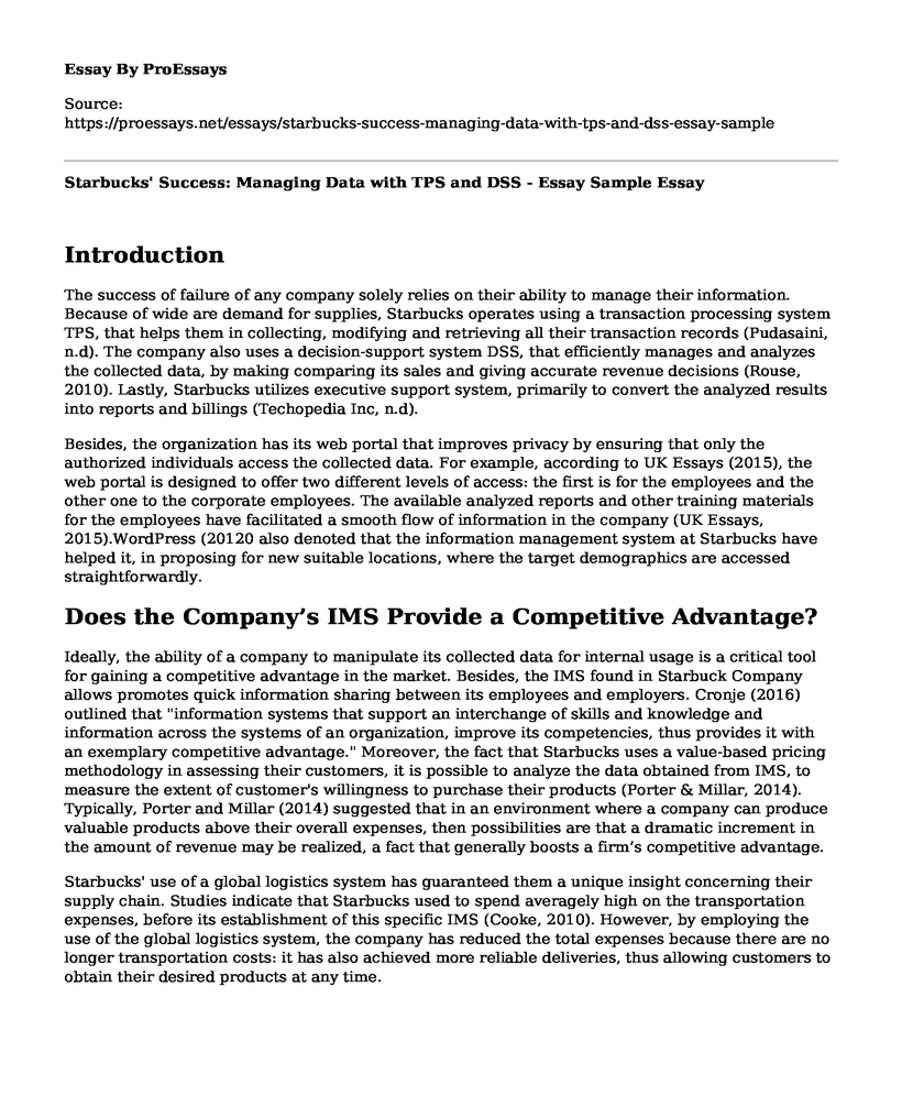 Starbucks' Success: Managing Data with TPS and DSS - Essay Sample