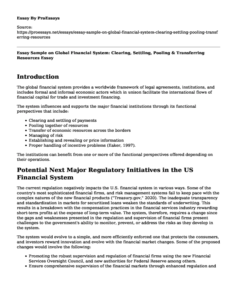 Essay Sample on Global Financial System: Clearing, Settling, Pooling & Transferring Resources