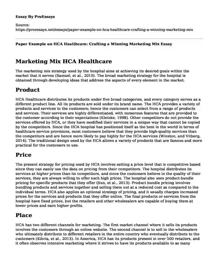 Paper Example on HCA Healthcare: Crafting a Winning Marketing Mix