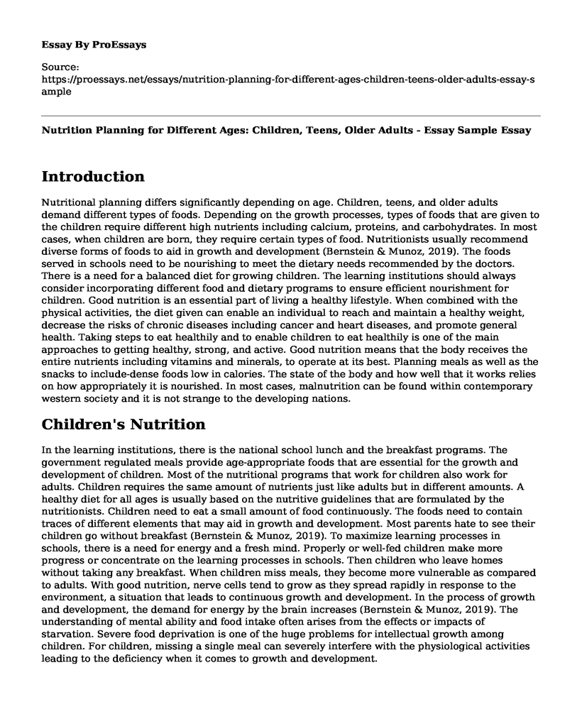 Nutrition Planning for Different Ages: Children, Teens, Older Adults - Essay Sample