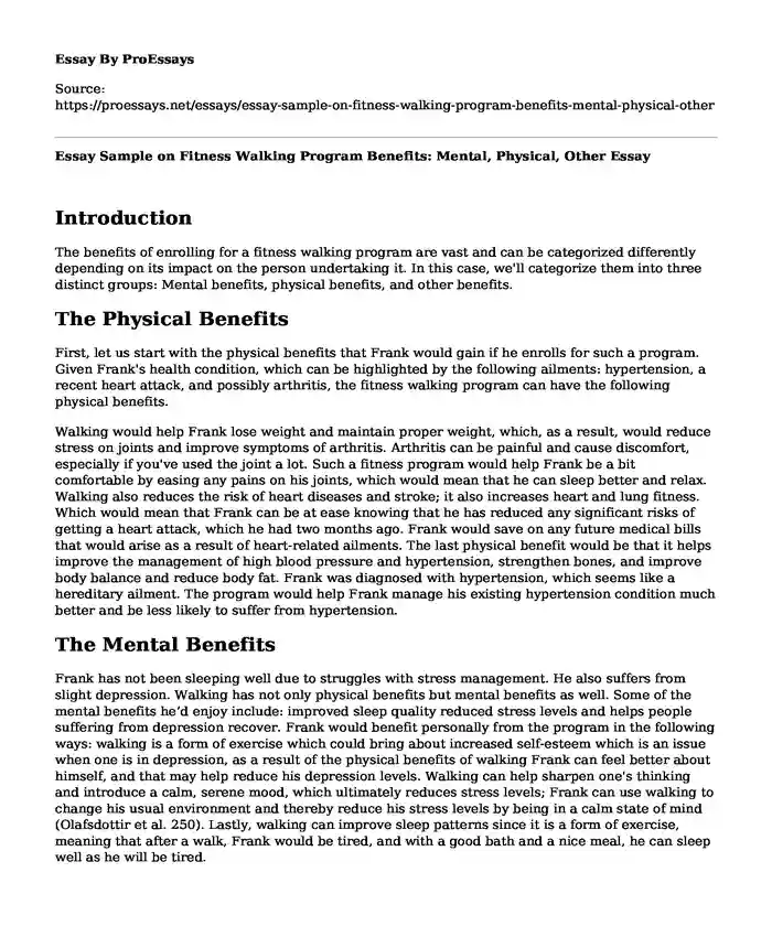 Essay Sample on Fitness Walking Program Benefits: Mental, Physical, Other
