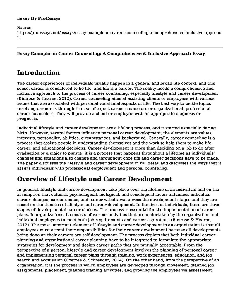 Essay Example on Career Counseling: A Comprehensive & Inclusive Approach