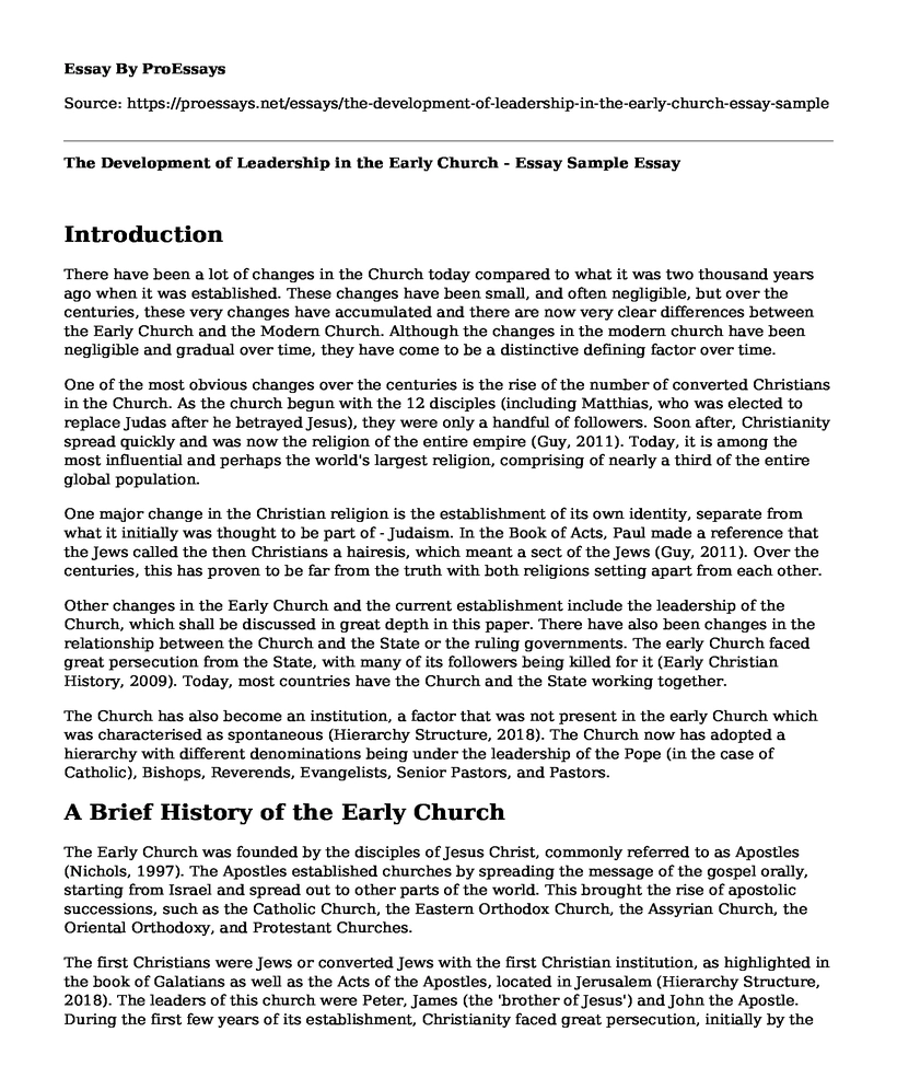 The Development of Leadership in the Early Church - Essay Sample