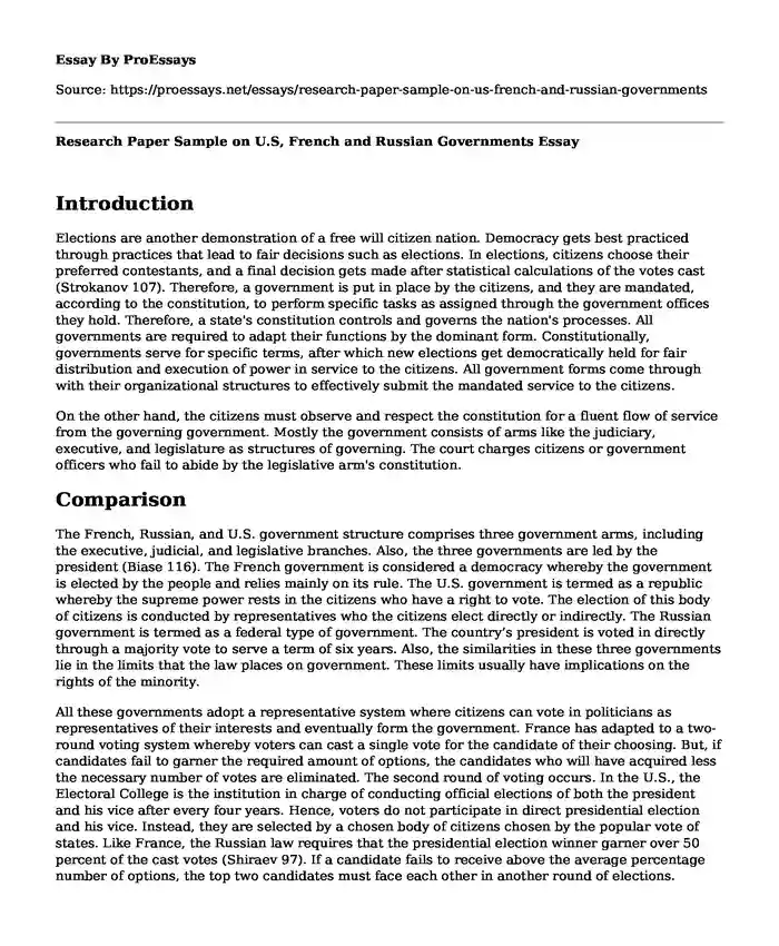 Research Paper Sample on U.S, French and Russian Governments